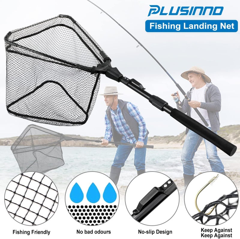 PLUSINNO Fishing Net Fish Floating Landing Net, Kayak Nets with Fixed Foldable Telescopic Pole Handle,Bass Trout Fishing Nets with Nylon Mesh for Pond Lake River,Fishing Gear Gifts for Men,Black 1.2M - Image 3